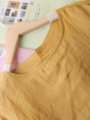 Đầm liền linen ngắn tay cổ tròn khuy cài hai bên - D005