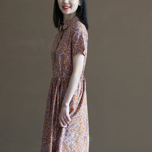 Đầm liền linen ngắn tay cổ đức in hoa liti túi chéo khuy cài - NU10032