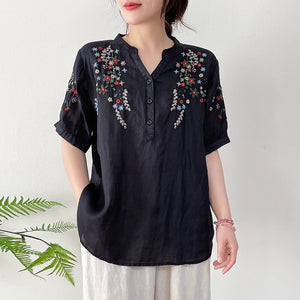Áo sơ mi linen ngắn tay cổ V thêu hoa lá đối xứng - NU10157