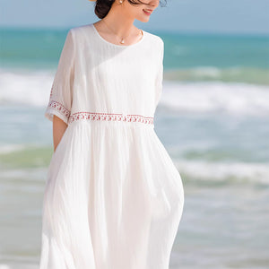 Đầm liền linen retro ngắn tay cổ tròn thêu đường viền - NU9045