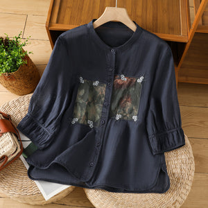 Áo sơ mi linen ngắn tay cổ đứng thêu miếng vá hoa lá  - A852