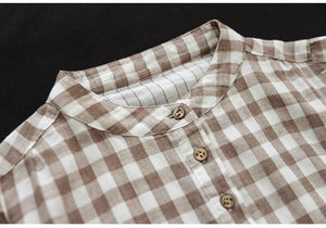 Áo T-shirt linen ngắn tay cổ đứng kẻ caro - NU8992