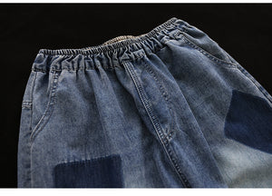 Quần baggy lửng denim lưng thun phai màu ô vuông - NU8752