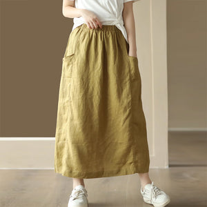 Chân váy linen retro hai túi đính khuy lưng thun - NU9000