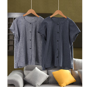 Áo sơ mi linen sát nách cổ tròn kiểu caro - A949