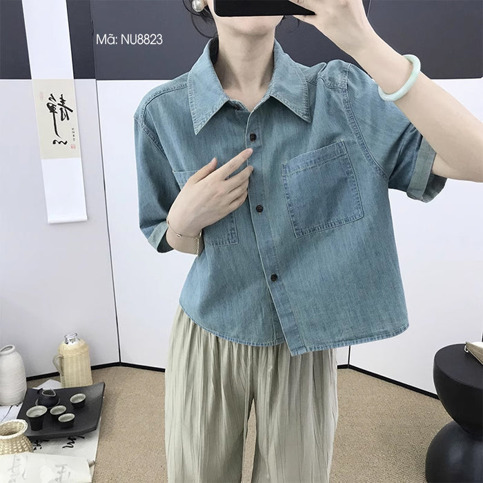 Áo sơ mi denim ngắn tay cổ thủy thủ hai túi vuông - NU8823