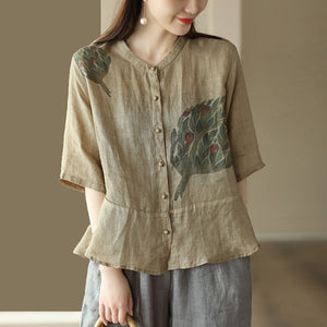 Áo sơ mi linen ngắn tay cổ tàu in hoa lá retro khuy tròn - NU8854