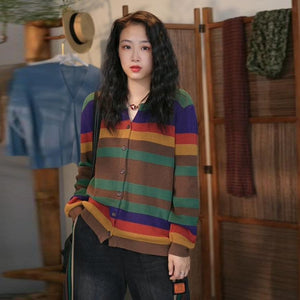 Áo khoác len đan cardigan dài tay cổ tròn kẻ sọc cầu vồng - NU9313