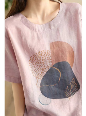 Áo T-shirt linen ngắn tay cổ tròn in hình học form rộng - NU10504