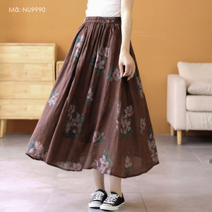 Chân váy linen retro lưng thun in hoa trà - NU9990