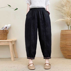 Quần baggy linen lưng thun ống côn thêu hoa lá - NU10248