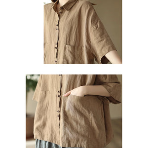 Áo sơ mi linen ngắn tay cổ đức hai túi vuông lớn - NU9019