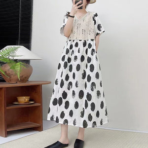 Đầm liền linen ngắn tay cổ V chấm bi đan móc - NU10145