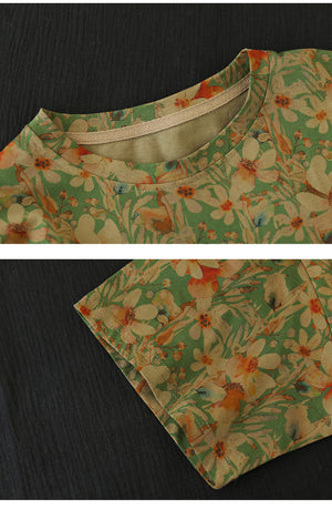 Áo T-shirt ngắn tay cổ tròn in hoa lá retro - NU10465