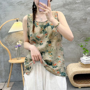 Áo T-shirt linen sát nách cổ tròn in hoa lá - NU9989