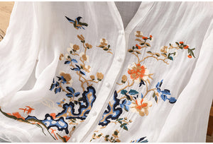 Áo sơ mi linen ngắn tay cổ tròn chữ V thêu hoa lá - NU8831