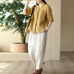 Áo sơ mi linen đơn sắc ngắn tay cổ V kiểu giấu khuy - NU8961