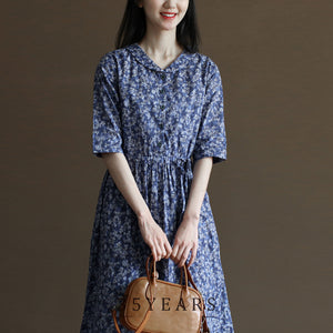 Đầm liền linen ngắn tay cổ pipi in hoa lá chiết eo - NU10022