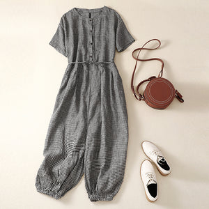 Áo liền quần baggy linen ngắn tay kẻ caro - NU8672