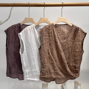 Áo T-shirt linen sát nách cổ V kiểu vạt chéo - NU10293