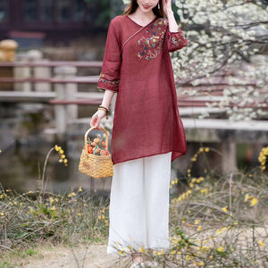Đầm liền linen tay lửng cổ V thêu hoa văn retro - NU9986