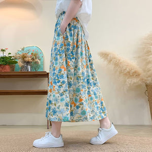 Chân váy linen lưng thun hai túi in hoa lá retro - V080