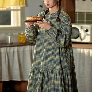 Đầm liền linen Morigirl dài tay cổ đứng kẻ caro - D041