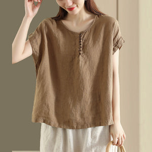 Áo T-shirt linen sát nách cổ tròn vạt xẻ - NU10303