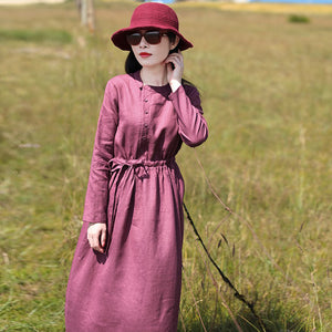 Đầm liền linen dài tay cổ tròn khuy cài lệch - NU9562