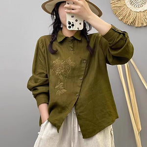Áo sơ mi linen dài tay cổ đức thêu hoa vạt kiểu - NU9246