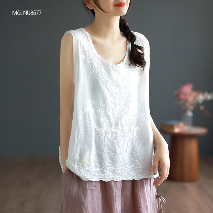 Áo T-shirt linen sát nách cổ tròn thêu hoa lá đơn sắc - NU8574