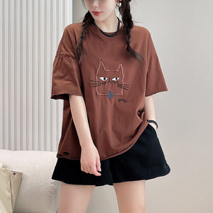 Áo T-shirt ngắn tay mặt mèo cổ tròn - NU9956
