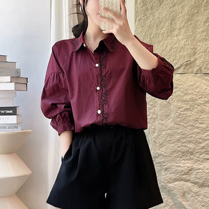 Áo sơ mi linen dài tay cổ đức thêu bo viền - NU9857