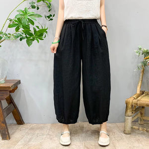 Quần baggy linen lửng lưng thun dây rút gấu xếp ly - NU9972