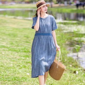 Đầm liền linen ngắn tay cổ tròn eo phối dải màu - NU9913