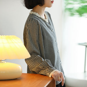 Áo sơ mi linen dài tay cổ tròn ren kẻ caro - NU10070