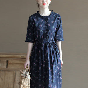 Đầm liền linen ngắn tay cổ đứng in những bó hoa liti - NU10017