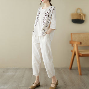 Áo T-shirt linen ngắn tay cổ tròn thêu đối xứng - NU9093