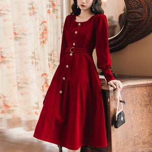Đầm liền nhung dài tay cổ vuông khuy cài có thắt lưng - NU9540