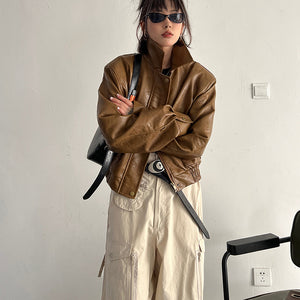 Áo khoác da jacket dài tay cổ đức hai túi - A369