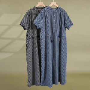 Đầm liền linen ngắn tay cổ V kẻ sọc eo kiểu thắt dây - D045
