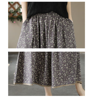 Chân váy linen lưng thun in hoa liti vạt đính ren - NU10127