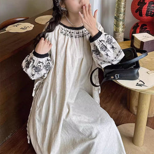 Đầm liền linen Morigirl dài tay cổ tròn thêu retro  - NU10334