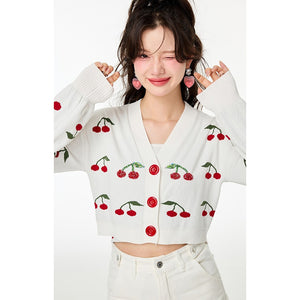 Áo khoác len croptop dài tay thêu quả cherry - NU9462