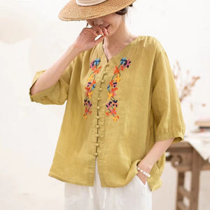 Áo sơ mi linen ngắn tay cổ V thêu hoa lá khuy tròn - NU10059