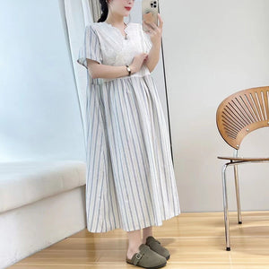 Đầm liền linen ngắn tay cổ V thêu retro kẻ sọc - NU10101