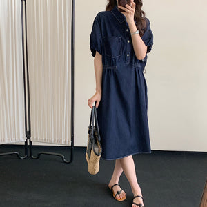 Đầm liền denim ngắn tay cổ đức chiết eo - NU10338