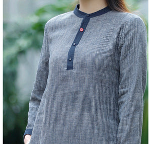 Đầm liền linen dài tay cổ tròn khuy cài kẻ caro - NU9506