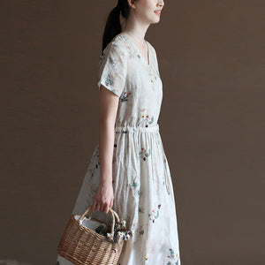 Đầm liền linen hoa lá ngắn tay cổ V vạt chéo eo thắt dây - NU10023