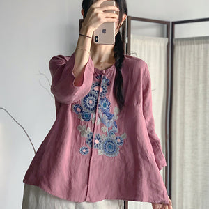 Áo sơ mi linen tay lửng cổ tròn một khuy thêu hoa lá - NU9071